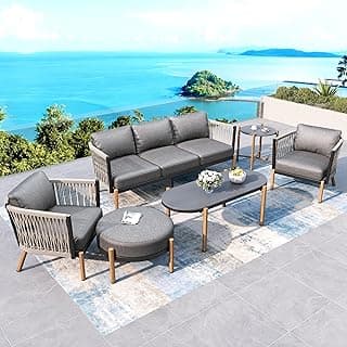 Patio Furniture Set 6 Pcs, Metal All Weather Outdoor Furniture with 5.1” Thick Cushion, 2 x Rope Rattan Chairs, 1 x 3-seat Sofa, 1 x Ottoman, 2 x Coffee Tables, Outdoor Conversation Set 6 Seats, Grey
