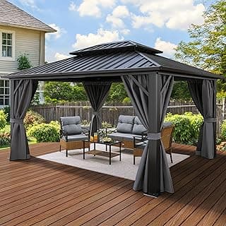 YITAHOME 10X12FT Hard Top Metal Gazebo Patios Double Roof Canopy Aluminum Frame Garden Gazebo Tent Curtains Netting for Patios Backyards Decks Lawns Gray