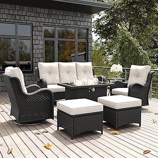 LayinSun 7 Pieces Outdoor Patio Furniture Set with Fire Pit Table, Rattan Wicker Sectional Swivel Rocker Chairs Sets with Ottomans, Swivel Glider Chairs and Coffee Table