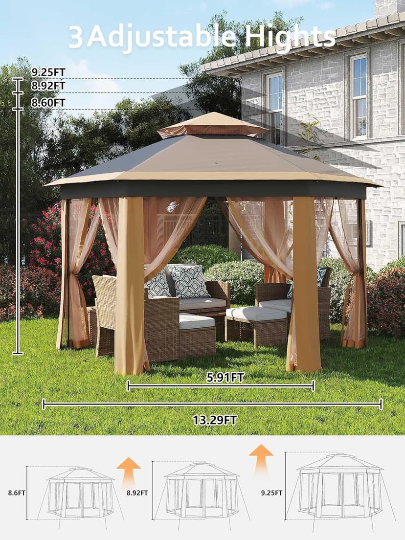 Pop Up Gazebo 13x13Ft, Outside Canopy Tent with 6 Pcs Mosquito Netting, One Push Setup for Backyard Patio Garden Activities - Khaki & Beige