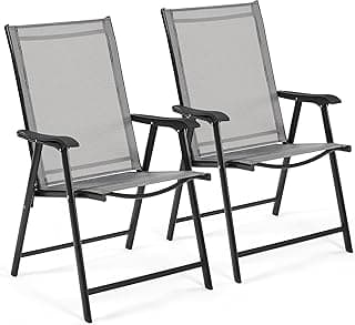 Yaheetech Patio Dining Chairs Set of 2 with Armrests, Outdoor Folding Chairs with Metal Frame and Backrest for Lawn, Garden, Yard and Poolside, Gray