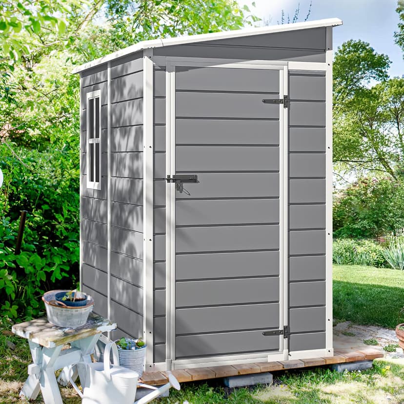 DWVO 5x4 FT Outdoor Storage Shed with Reinforced Floor, All-Weather Resin Storage Shed with Lockable Door & Window, Waterproof Plastic Tool Storage for Garden, Backyard, Patio, Lawn