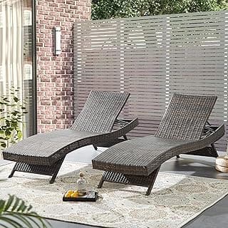 79'' Long Reclining Chaise Lounge Set (Set of 2), Outdoor Wicker Reclining Lounge Chair Patio Rattan Double Chaise Lounge Lawn Sunbathing Chairs Beach Pool Backrest Recliners (Set of 2)
