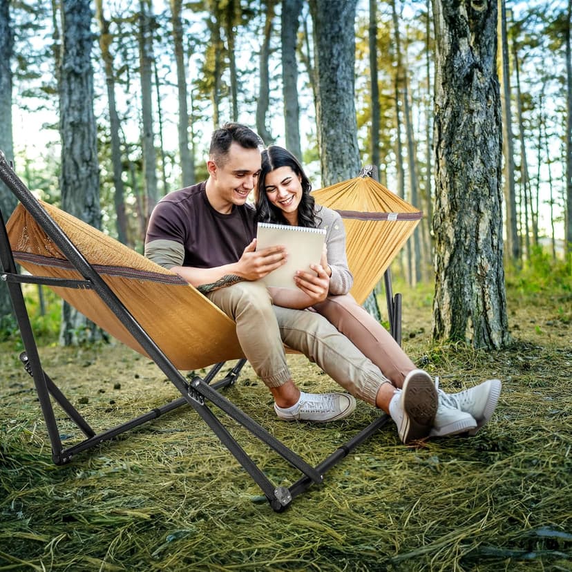 Tranquillo Double Hammock with Stand Included for 2 Persons/Foldable Hammock Stand 600 lbs Capacity Portable Case - Inhouse, Outdoor, Camping, Yellow