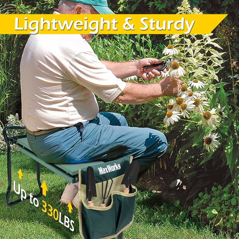 MaxWorks 50921 Folding Garden Kneeler Stool with 8 inch Wide Kneeling Pad, with 1 Tools Pouch for Planting and Gardening
