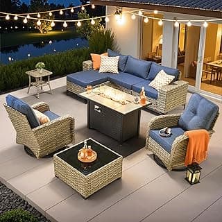 ovios 9 Pieces Patio Furniture Set Outdoor Sectional Sofa Couch with Fire Pit Table Swivel Rocking Chairs Comfy Cushions, Modern Modular Wicker Rattan Conversation Sets, Denim Blue
