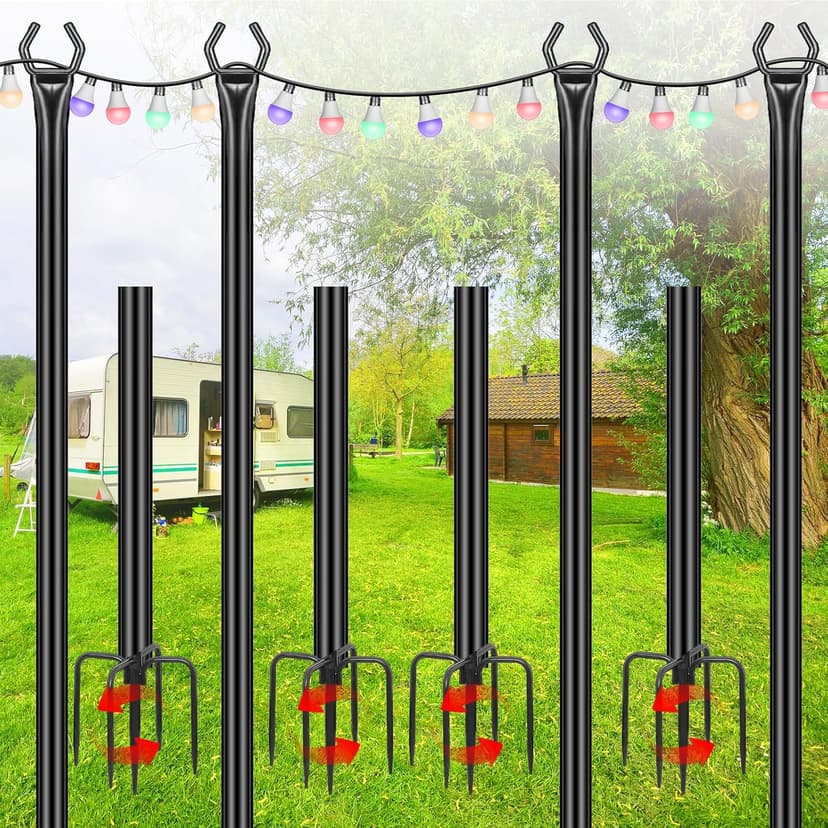String Light Poles 4 Pack,10FT Metal String Light Poles for Outside, Adjustable Outdoor Poles for Patio, Deck, Garden, Wedding, Backyard, Christmas Party Decor, Sturdy with Hooks(Bulb Not Included)