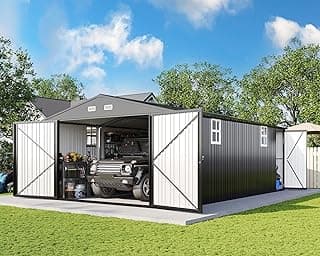 AMERLIFE 13.2x21x8 FT Outdoor Storage Shed, Huge Metal Garage Shed with 2 Double Hinged 4 Windows and Doors, Carport for Car, Truck, Bike, Garbage Can and Lawnmower, Dark Grey
