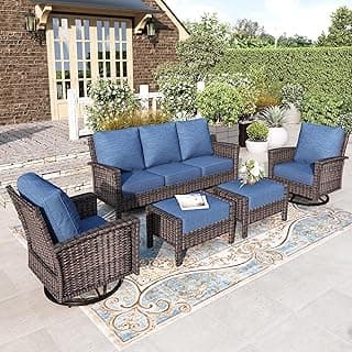 HERA'S HOUSE High Back Patio Furniture Set with Swivel Chairs, 5 Pieces Wicker Outdoor Conversation Sofa Sets, Comfy Waterproof Deck Lawn Backyard Furniture, Navy Blue
