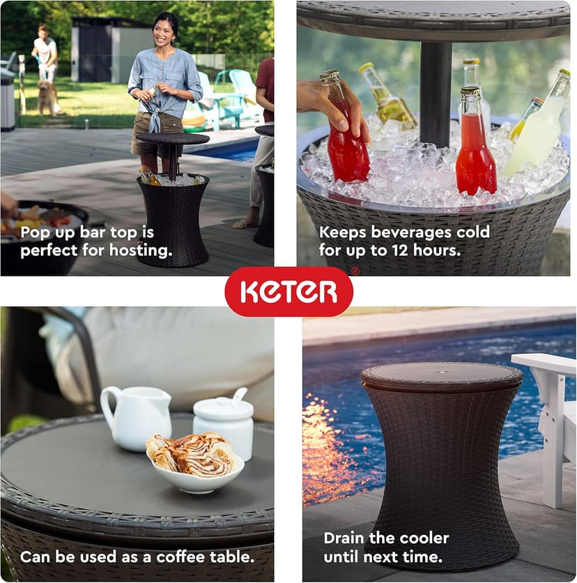 Keter Pacific Cool Bar Outdoor Patio Furniture and Hot Tub Side Table with 7.5 Gallon Beer and Wine Cooler, Dark Grey