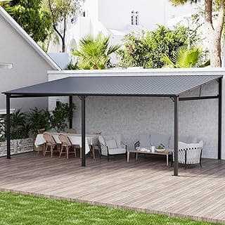EBE 20' x 12' Hardtop Gazebo, Large Wall Mounted Gazebos Pergola on Clearance, Lean to Gazebo with Galvanized Steel Roof, Heavy Duty Metal Awning for Patio, Porch, Deck