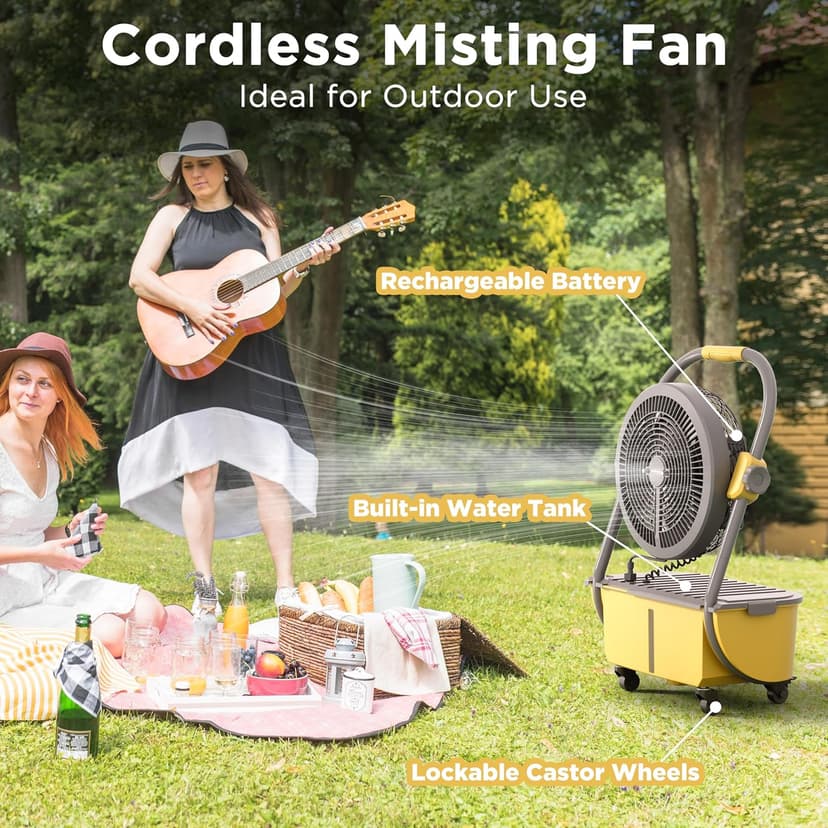 TURBRO Cordless Misting Fan with 11L Tank, High Pressure Spray Nozzles, 15ft Mist Range, Up to 50 Hours Run Time with Rechargeable Battery, 360° Swivel Wheels, Ideal for Patio, Pool and Outdoor Use