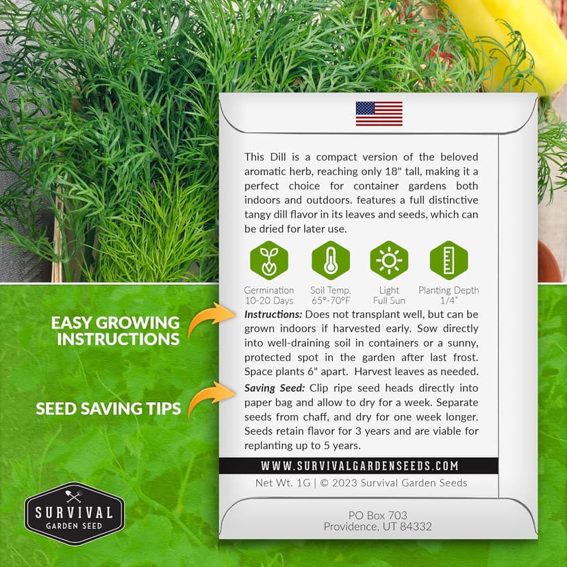 Survival Garden Seeds Compact Dill for Planting - 1 Seed Packet with Instructions to Plant & Grow Container Sized Dwarf Dill Herb Plants in Your Home Garden - Non-GMO Heirloom Variety