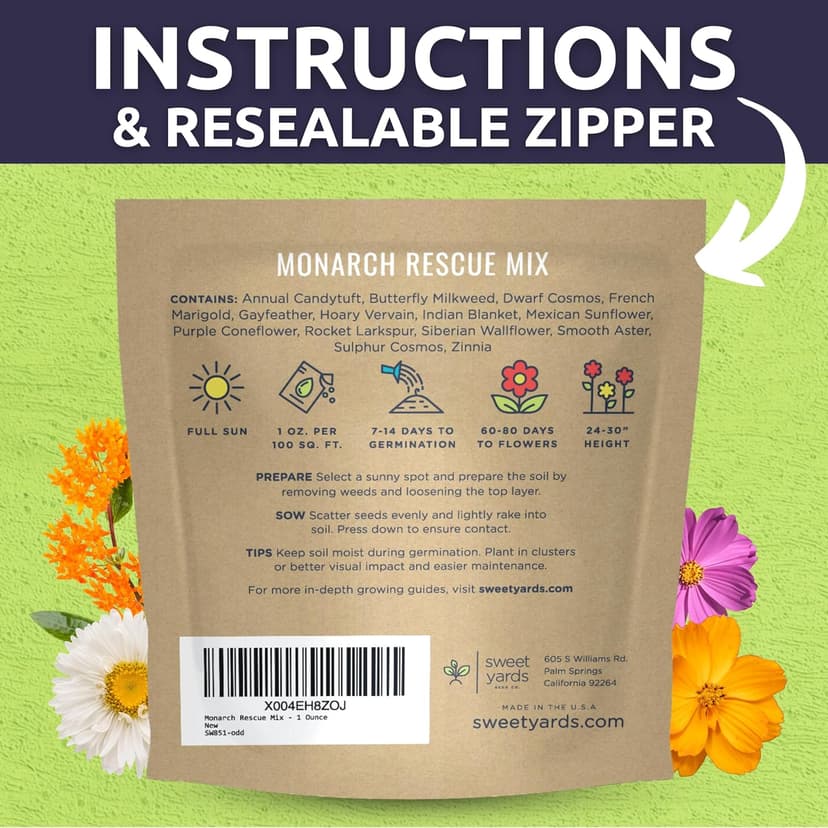 Monarch Butterfly Rescue Mix - Large 1 Ounce Packet - 11,000 Flower Seeds for Planting - Wildflower Mix