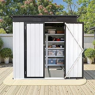 6×4Ft Outdoor Storage Shed Metal Storage Shed with Flat Roof, Weatherproof Heavy Duty Tool Shed for Backyard & Garden Equipment, Black-White