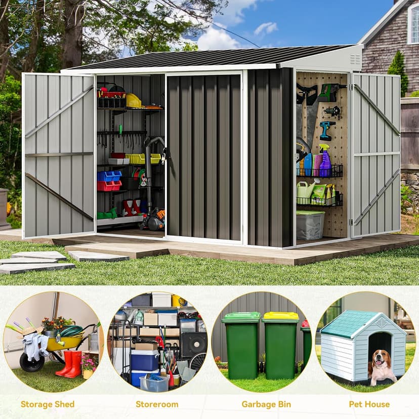 DWVO 8x4 FT Outdoor Weatherproof Storage Shed, Secure Metal Bike Shed w/Lockable Entry, Garden Storage Solution for Lawn Equipment, Tools, Waste Bin, Dark Gray