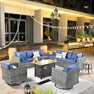 ovios 11 Piece Outdoor Patio Furniture Set with Fire Pit Table,Conversation Sectional Wicker Couch with Swivel Chairs,Modern Outside Sofa for Balcony Backyard (Blue)