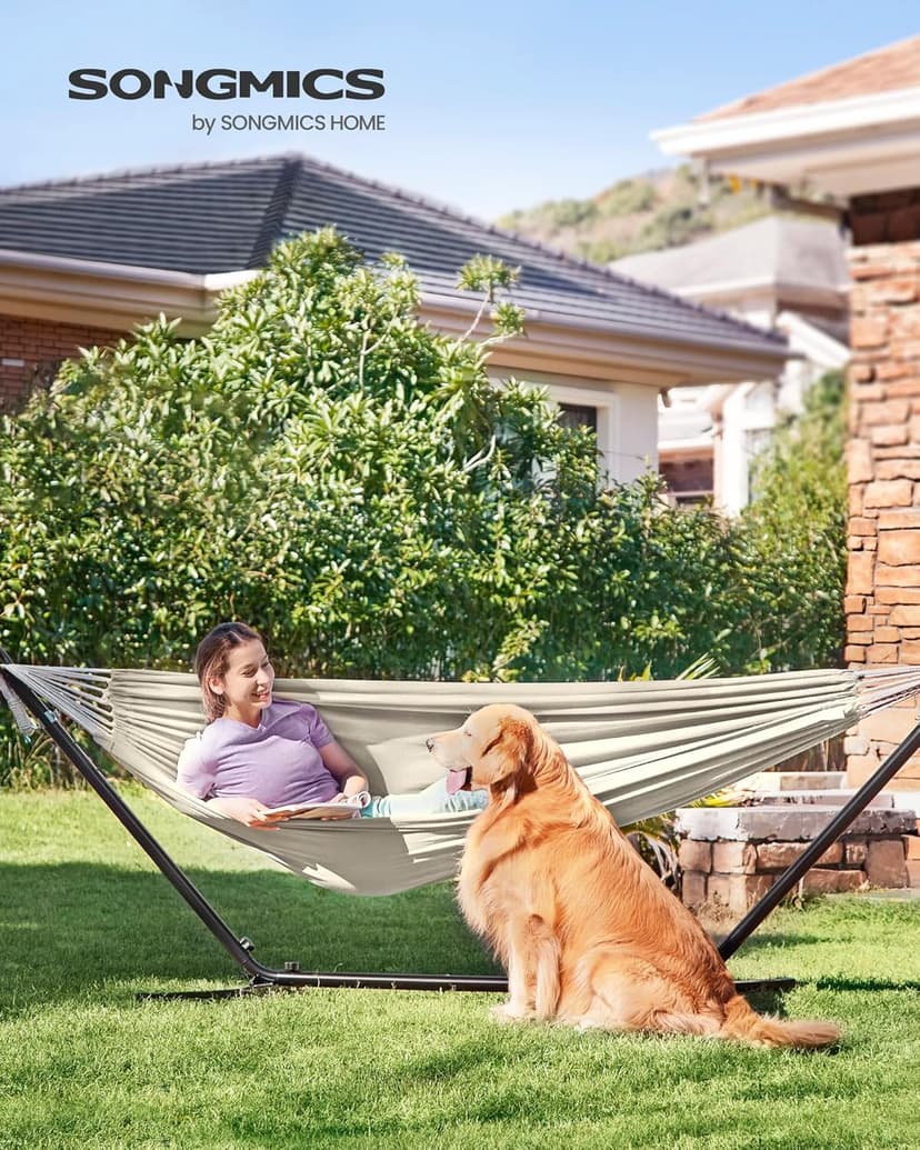 SONGMICS Double Hammock, 98.4 x 59.1 Inches, 660 lb Load Capacity, with Compression Bag, Mounting Straps, Carabiners, for Terrace, Balcony, Garden, Outdoor, Camping, Beige UGDC15M