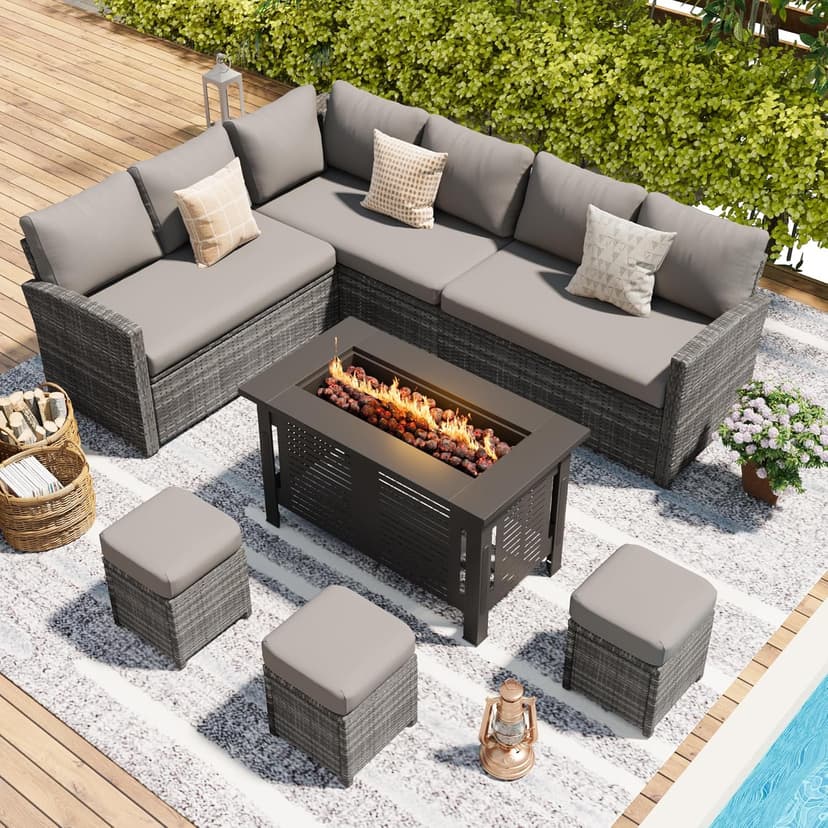U-MAX 7 Pieces Patio Furniture Set with 43 Inch Fire Pit Table, Outdoor Sectional Sofa Conversation Set, All Weather Wicker Rattan Dining Table & Chair with Ottoman, Grey Rattan&Grey Cushion