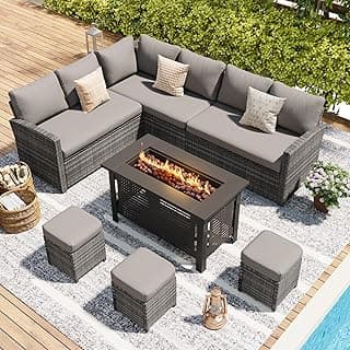 U-MAX 7 Pieces Patio Furniture Set with 43 Inch Fire Pit Table, Outdoor Sectional Sofa Conversation Set, All Weather Wicker Rattan Dining Table & Chair with Ottoman, Grey Rattan&Grey Cushion