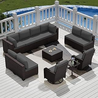 12 Pcs Outdoor Patio Furniture Set Outdoor Furniture All Weather Patio Sectional Sofa PE Wicker Modular Conversation Sets with Coffee Table, Swivel Rocking Chair (Grey)