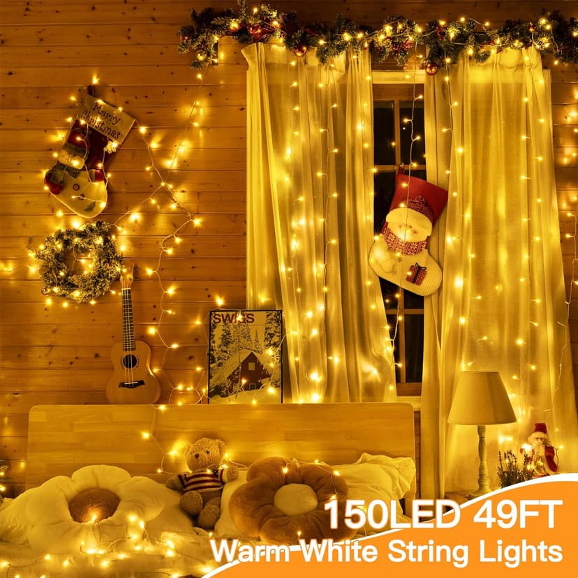 shineshine 150 LED String Lights Indoor Outdoor, Connectable Warm White String Lights for Bedroom, 8 Modes Plug in Waterproof Fairy Lights with Timer, Party Wedding Decorations
