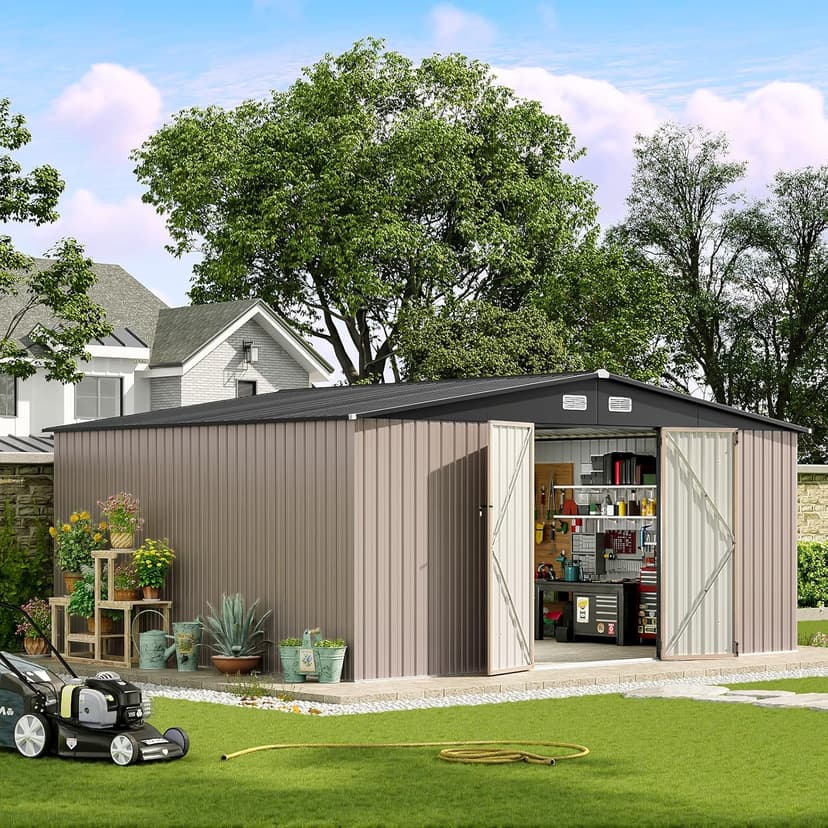 Aoxun 14x12 FT Shed Outdoor Storage Shed 800CUFT, Steel Utility Tool Shed Storage House with Door & Lock, Metal Sheds Outdoor Storage for Garden Patio Lawn Poolside, Brown