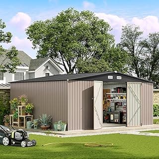 Aoxun 14x12 FT Shed Outdoor Storage Shed 800CUFT, Steel Utility Tool Shed Storage House with Door & Lock, Metal Sheds Outdoor Storage for Garden Patio Lawn Poolside, Brown