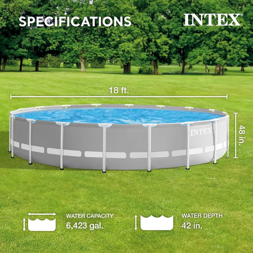 Intex 26731EH Prism Frame Premium Above Ground Swimming Pool Set: 18ft x 48in – Includes 1500 GPH Cartridge Filter Pump – Removable Ladder – Pool Cover – Ground Cloth