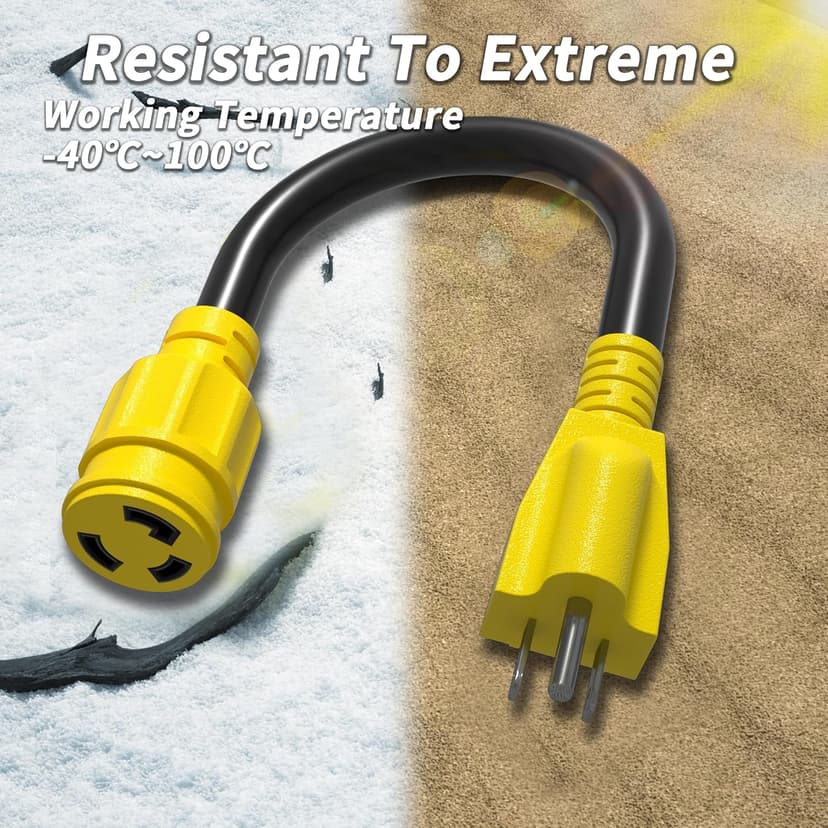 3 Prong 15 Amp to 30 Amp RV Generator Adapter Cord, NEMA 5-15 Male Plug to NEMA L5-30 Female Plug, 12 Inch(1 FT) 10 Gauge STW Heavy Duty Power Cord, Max 15A 125V 1875W, Yellow, ETL Listed