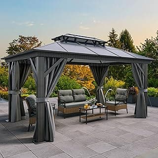 YITAHOME 10X12FT Hardtop Gazebo Outdoor Polycarbonate Patio Double Top Canopy Galvanized Iron Aluminum Column Garden Tent Curtains Netting for Backyards Decks Lawns,Gray