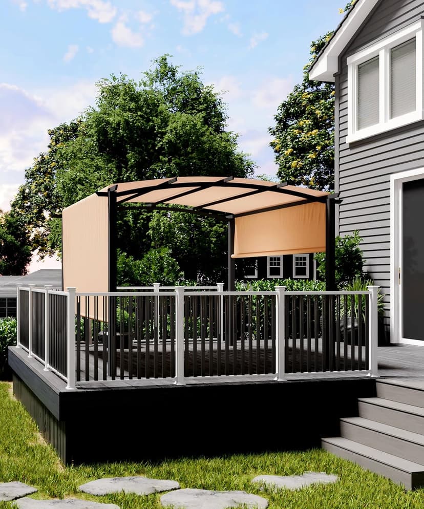 10 x 10 Ft Outdoor Arched Pergola, Metal Pergola with Retractable Canopy, Arched Style Gazebos for Backyard, Lawn, Patios (Khaki)