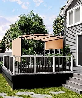10 x 10 Ft Outdoor Arched Pergola, Metal Pergola with Retractable Canopy, Arched Style Gazebos for Backyard, Lawn, Patios (Khaki)