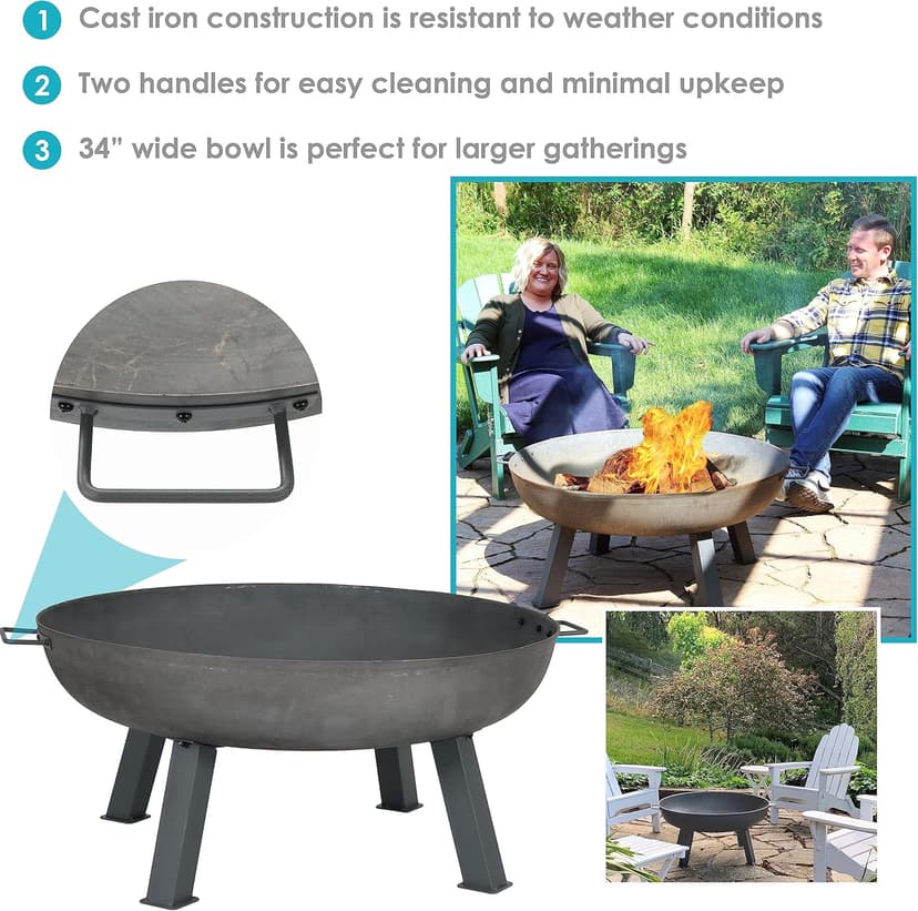 Sunnydaze 34-Inch Cast Iron Heavy-Duty Fire Pit for Outside - Wood-Burning Outdoor Fire Pit Bowl with Handles - Steel Finish