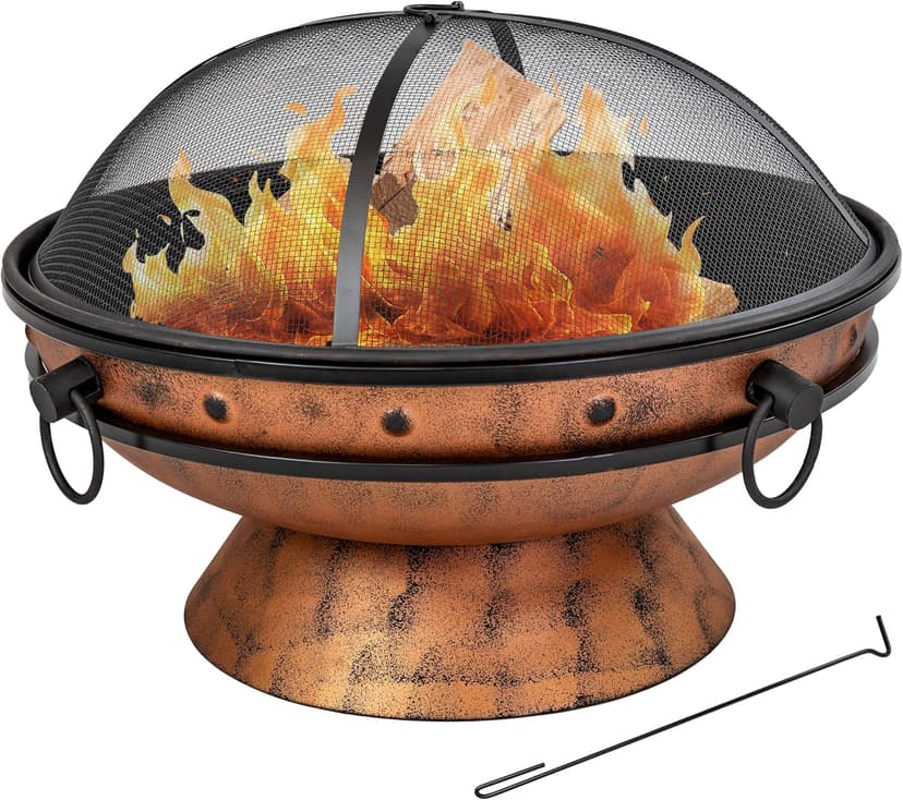 Sunnydaze 30-Inch Large Outdoor Fire Pit - Wood Burning Fire Pit for Outside with Poker and Screen - Copper Finish - Royal Cauldron