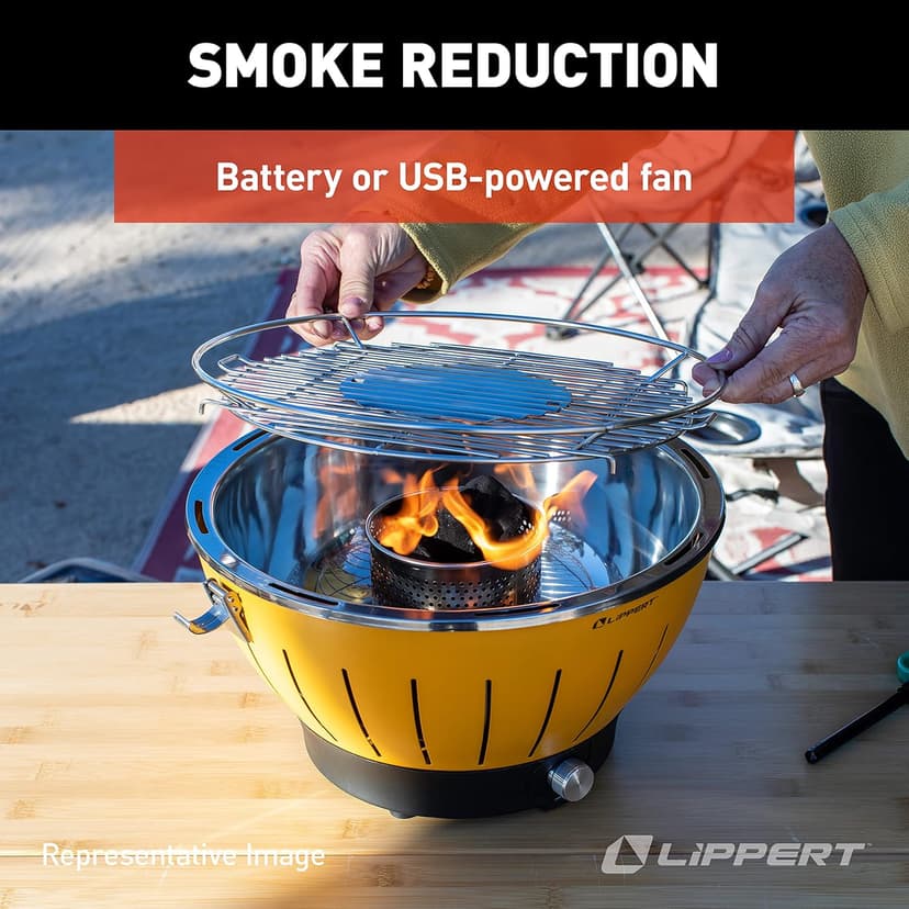 Lippert Odyssey Portable Grill - Compact and Versatile Charcoal Grill for Camping, Tailgating, and Outdoor Cooking - Lightweight and Durable Design with Large Cooking Surface - Amber