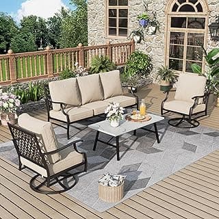 Patio Furniture Set 4 pcs, Metal Outdoor Patio Furniture, 3-Seat Sofa, 2 Swivel Chairs, Metal Coffee Table and 5.75" Extra Thick Cushion, Patio Conversation Set,Beige