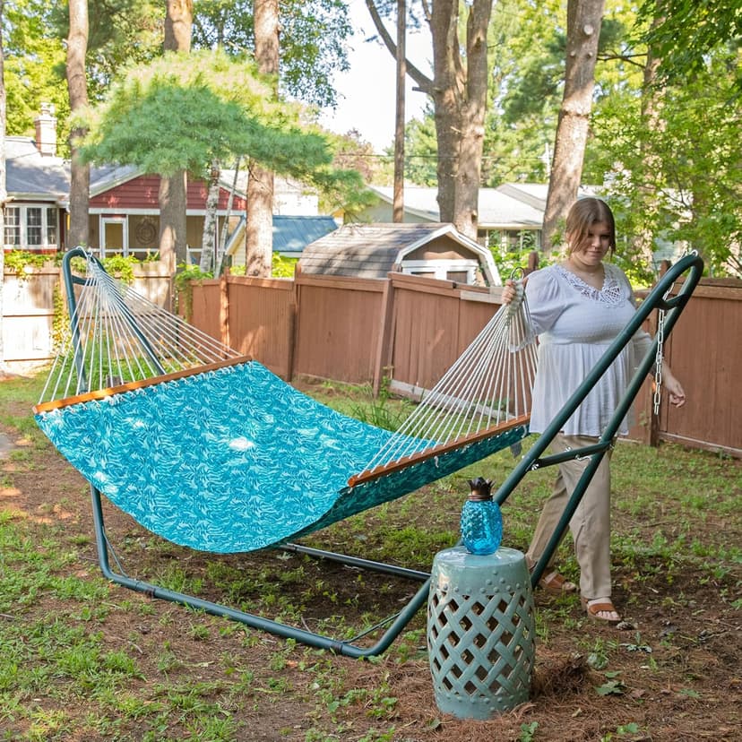 Sunnydaze Quilted Outdoor Hammock with Spreader Bars - Heavy-Duty 450-Pound Capacity Double Hammock for Outside - Cool Blue Tropics
