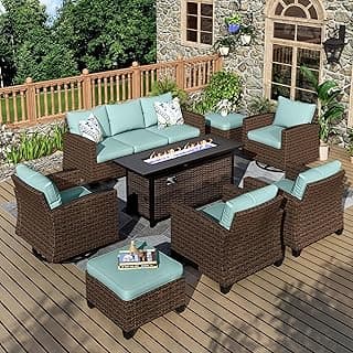 Swivel Glider Patio Furniture Set, 8 Pcs Wicker Rattan Outdoor Conversation Set, 2 x Swivel Chairs, 2 x Leg Chairs, 1 x 3 Seater Sofa and 2 x Ottomans and 56" Fire Pit Table, Blue