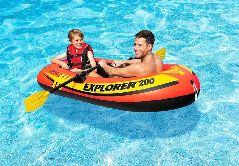 INTEX Explorer Inflatable Boat Series: Dual Air Chambers – Welded Oar Locks – Grab Handles – Bow Rope – Sporty Design