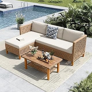 MFSTUDIO Patio Wicker Sectional Sofa Set 3 Pieces, Outdoor Small L-Shaped Couch Furniture Set with Wood Table and 2 Bench Sofa, 3-Piece Outdoor Rattan Sofa Conversation Set
