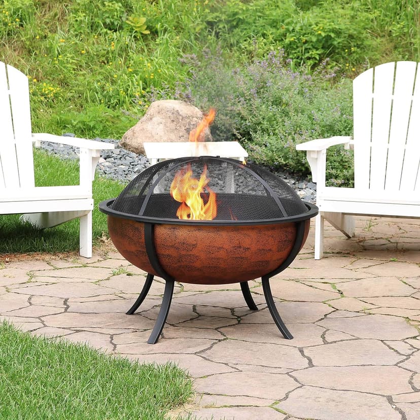 Sunnydaze 32-Inch Steel Fire Pit Bowl - High-Temperature Copper Finish Wood Burning Fire Pit with Screen, Wood Grate, and Poker