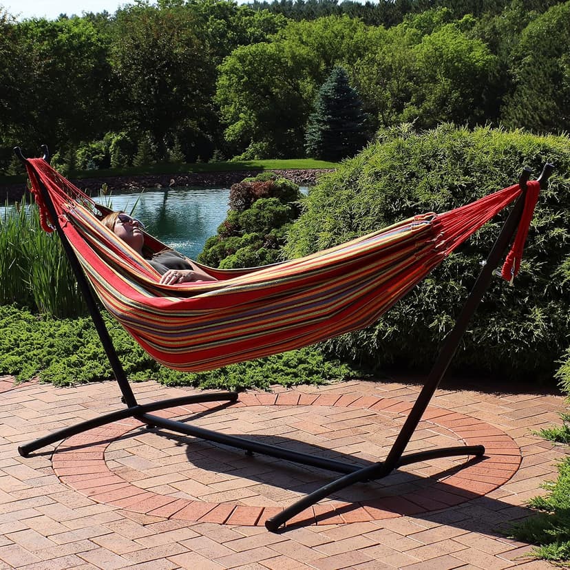 Sunnydaze Double Brazilian Hammock with Stand and Carrying Case - 400-Pound Capacity - Black Stand - Sunset