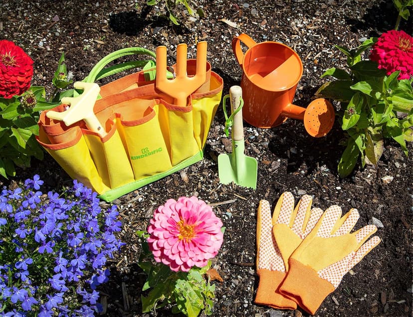 Gardening Set, Tool Kit, for Kids, STEM, Includes Tote Bag, Spade, Watering Can, Rake, Fork, Trowel and Gloves (Sunshine)