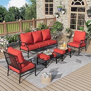Patio Furniture Set 5 pcs, Outdoor Patio Furniture, 3-Seat Sofa, 2 Single Chairs, 2 Ottomans and 5.75" Extra Thick Cushion, Patio Conversation Set for Garden Backyard Deck,Red