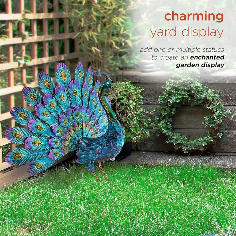 Alpine Corporation - 23" Tall Outdoor Metallic Peacock Tail Spread Yard Statue – Vibrant Garden Sculpture for Patio, Lawn, or Entryway (Multicolor)