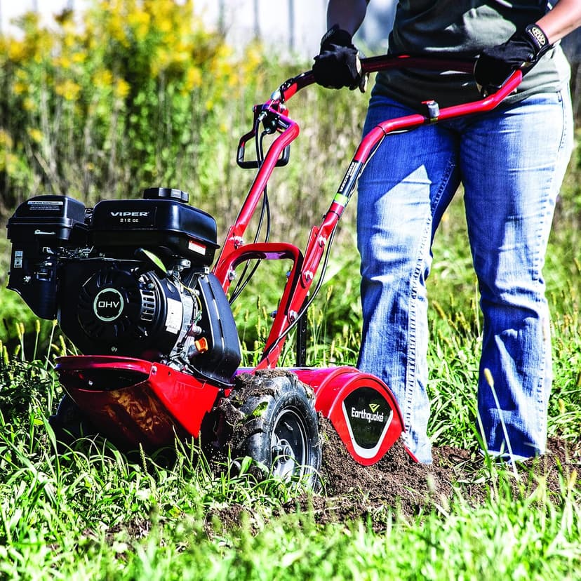 EARTHQUAKE Victory Rear Tine Tiller, Powerful 209cc 4-Cycle Viper Engine, Rugged Bronze Gear Transmission, Counter-Rotating Tines, Instant Reverse, Pneumatic Wheels, Model: 39381, Red/Black