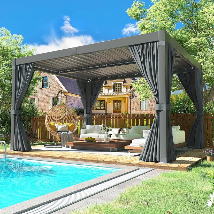 Aluminum 10x12 FT Louvered Pergola, Outdoor Pergola with Adjustable Louvered Roof Outdoor Patio Shade Cover, Waterproof & Rustproof Aluminum Gazebo for Backyard and Garden, Gray