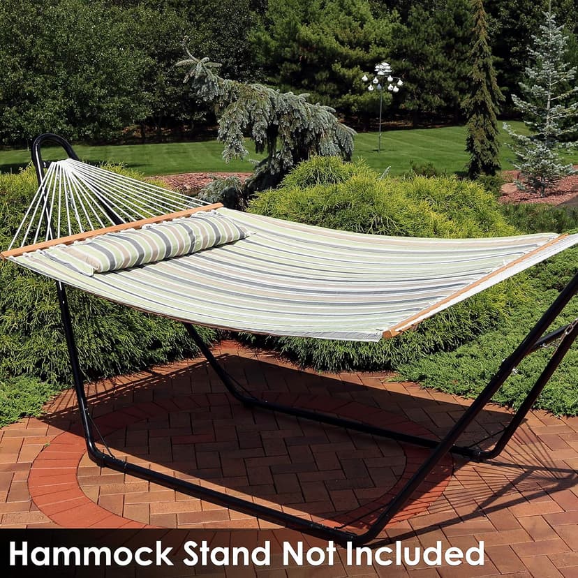 Sunnydaze Quilted Outdoor Hammock with Spreader Bars - Heavy-Duty 450-Pound Capacity Double Hammock for Outside - Khaki Stripe