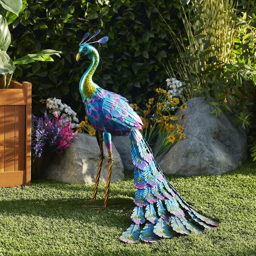 Alpine Corporation - 23" Tall Outdoor Metallic Peacock Tail Spread Yard Statue – Vibrant Garden Sculpture for Patio, Lawn, or Entryway (Multicolor)